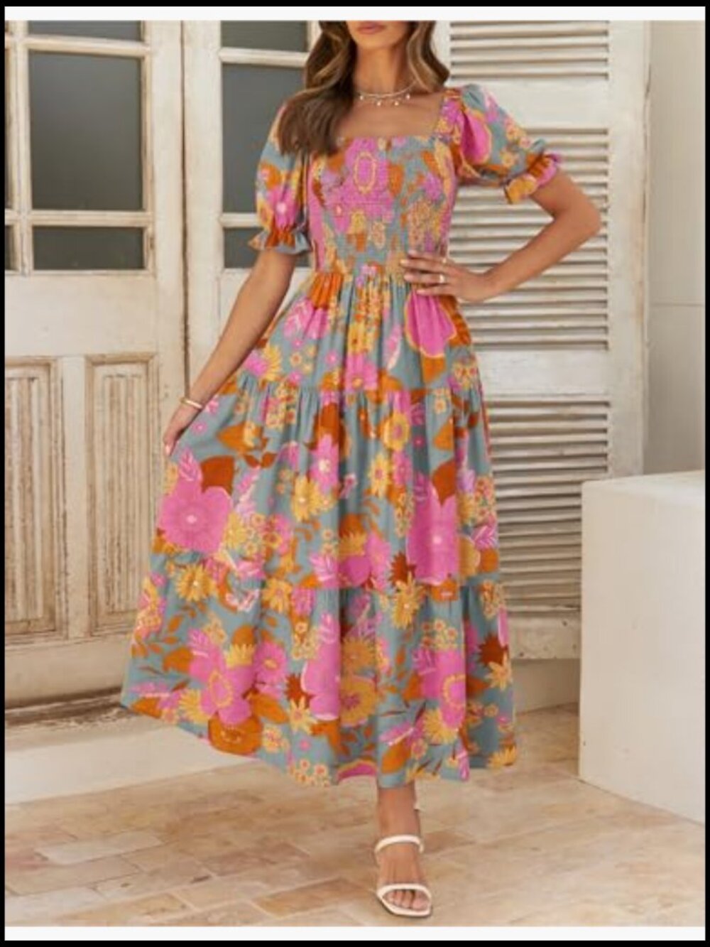 Boho Floral Print Maxi Dress with Square Neck and Ruffle Sleeves - Picture 4 of 7